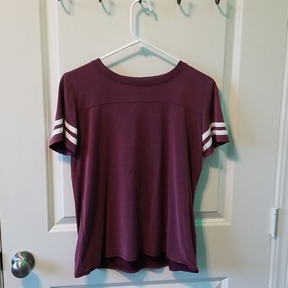 Small, burgandy, girls T-shirt with white stripes.